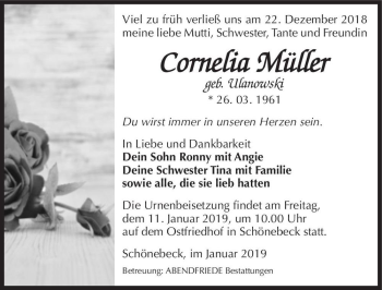 Traueranzeige von Cornelia Müller (geb. Ulanowski)  von Magdeburger Volksstimme