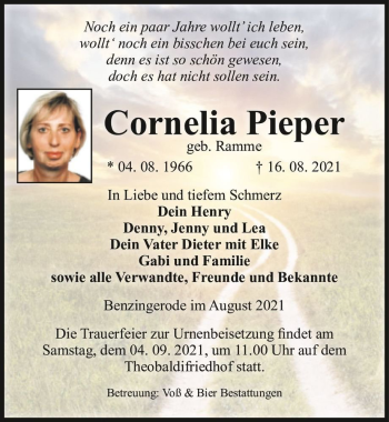 Traueranzeige von Cornelia Pieper (geb. Ramme)  von Magdeburger Volksstimme