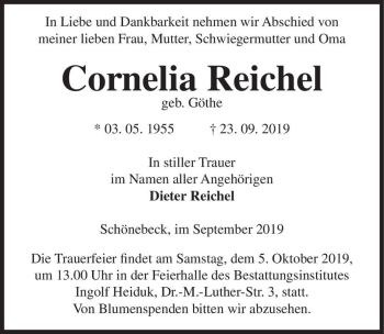 Traueranzeige von Cornelia Reichel (geb. Göthe)  von Magdeburger Volksstimme