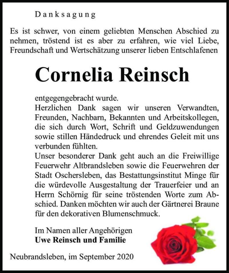  Traueranzeige für Cornelia Reinsch  vom 26.09.2020 aus Magdeburger Volksstimme
