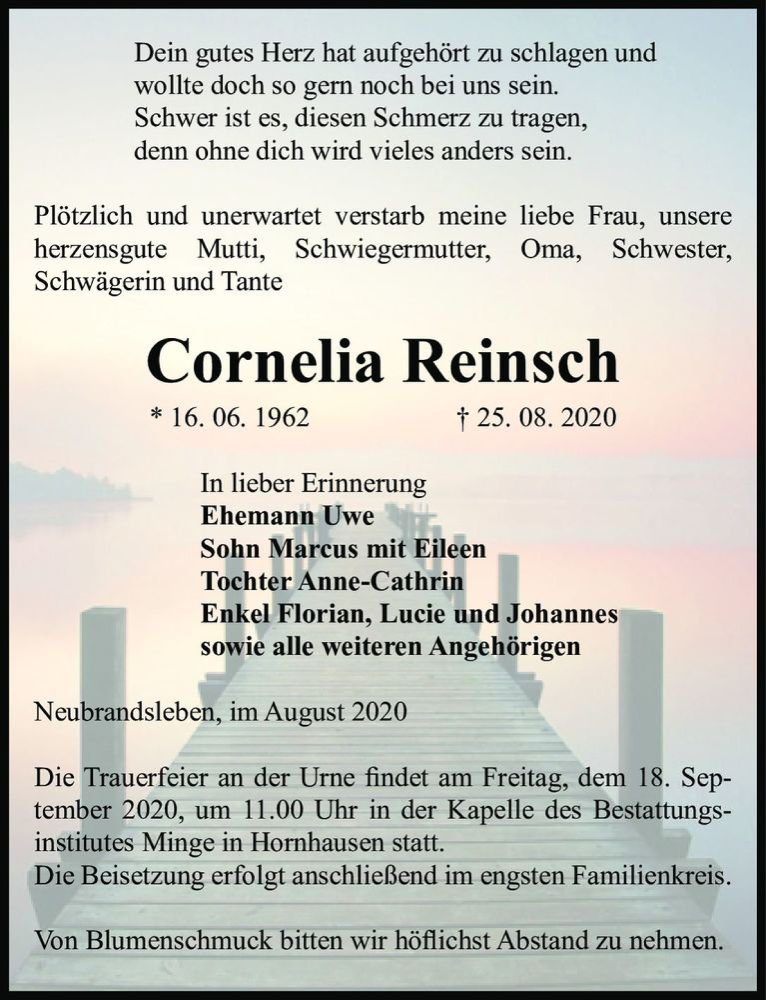  Traueranzeige für Cornelia Reinsch  vom 29.08.2020 aus Magdeburger Volksstimme