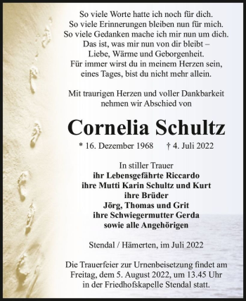 Traueranzeige von Cornelia Schultz  von Magdeburger Volksstimme