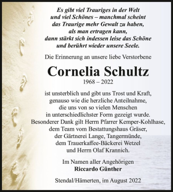 Traueranzeige von Cornelia Schultz  von Magdeburger Volksstimme