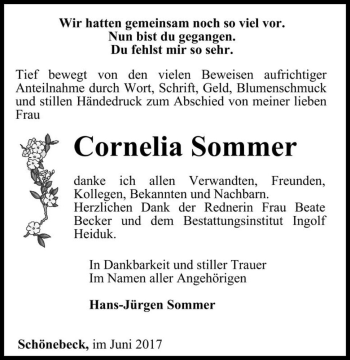 Traueranzeige von Cornelia Sommer  von Magdeburger Volksstimme