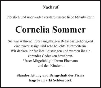 Traueranzeige von Cornelia Sommer  von Magdeburger Volksstimme