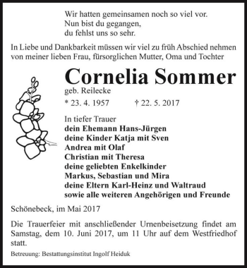 Traueranzeige von Cornelia Sommer (geb. Reilecke)  von Magdeburger Volksstimme