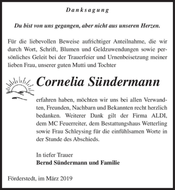 Traueranzeige von Cornelia Sündermann  von Magdeburger Volksstimme