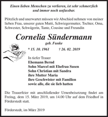 Traueranzeige von Cornelia Sündermann (geb. Funke)  von Magdeburger Volksstimme