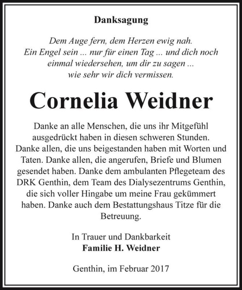  Traueranzeige für Cornelia Weidner  vom 25.02.2017 aus Magdeburger Volksstimme