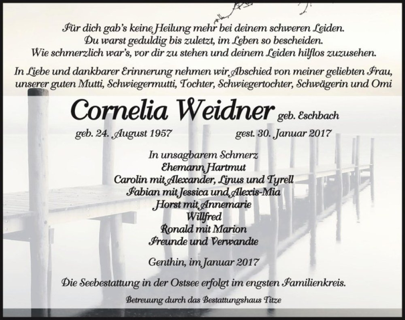  Traueranzeige für Cornelia Weidner (geb. Eschbach)  vom 04.02.2017 aus Magdeburger Volksstimme