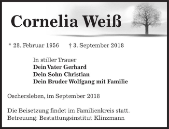 Traueranzeige von Cornelia Weiß  von Magdeburger Volksstimme