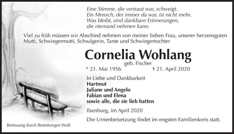  Traueranzeige für Cornelia Wohlang (geb. Fischer)  vom 25.04.2020 aus Magdeburger Volksstimme