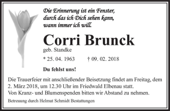 Traueranzeige von Corri Brunck (geb. Standke)  von Magdeburger Volksstimme