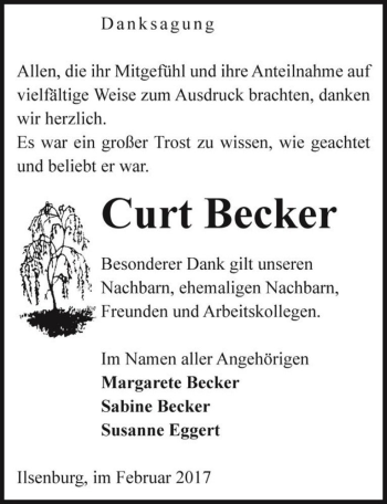 Traueranzeige von Curt Becker  von Magdeburger Volksstimme