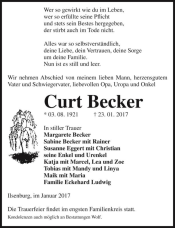 Traueranzeige von Curt Becker  von Magdeburger Volksstimme