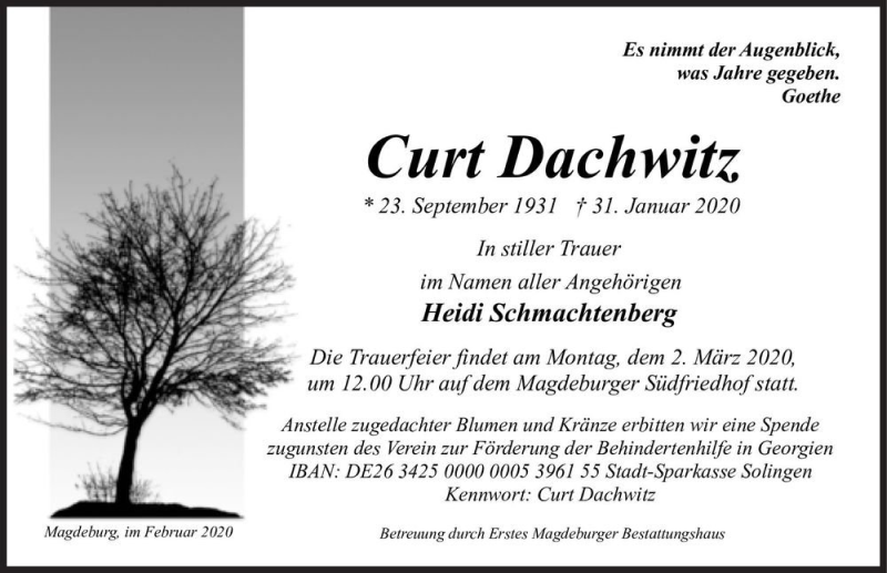  Traueranzeige für Curt Dachwitz  vom 15.02.2020 aus Magdeburger Volksstimme