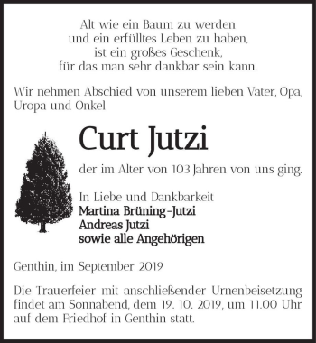 Traueranzeige von Curt Jutzi  von Magdeburger Volksstimme