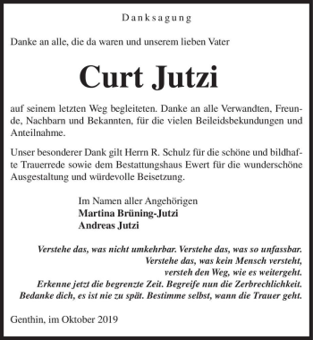 Traueranzeige von Curt Jutzi  von Magdeburger Volksstimme