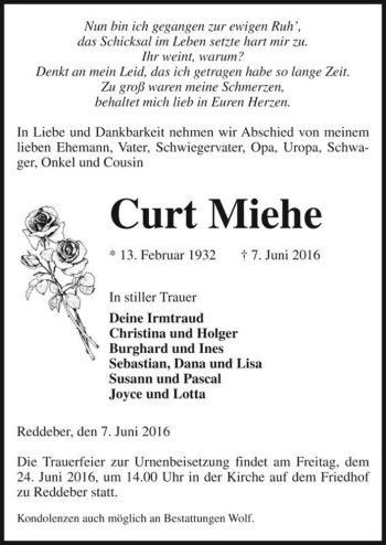 Traueranzeige von Curt Miehe  von Magdeburger Volksstimme
