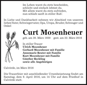 Traueranzeige von Curt Mosenheuer  von Magdeburger Volksstimme