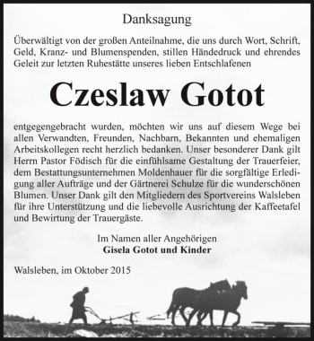 Traueranzeige von Czeslaw Gotot  von Magdeburger Volksstimme