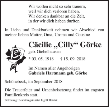 Traueranzeige von Cäcilie ,,Cilly