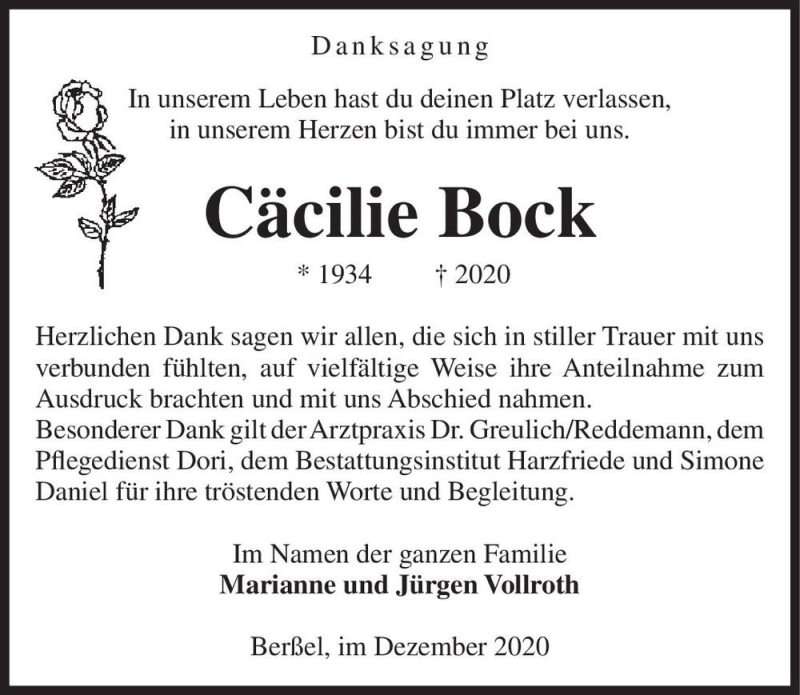  Traueranzeige für Cäcilie Bock  vom 19.12.2020 aus Magdeburger Volksstimme