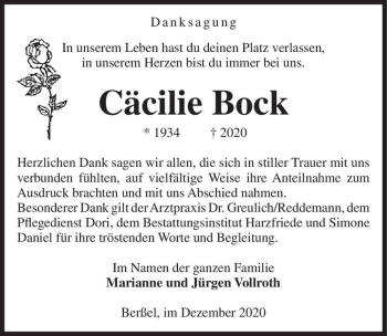 Traueranzeige von Cäcilie Bock  von Magdeburger Volksstimme