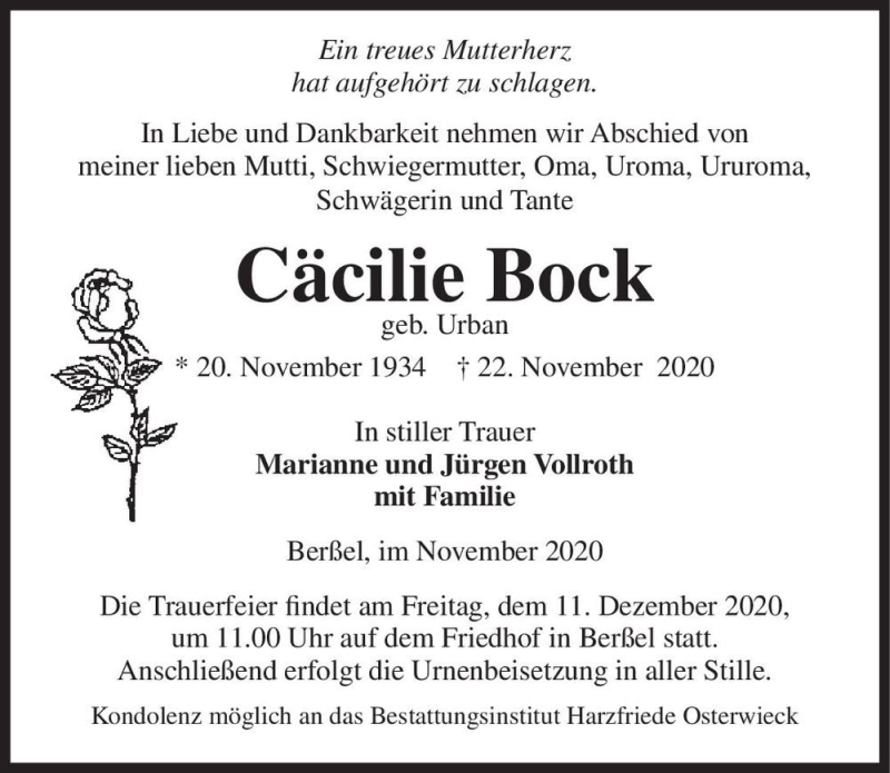  Traueranzeige für Cäcilie Bock (geb. Urban)  vom 28.11.2020 aus Magdeburger Volksstimme