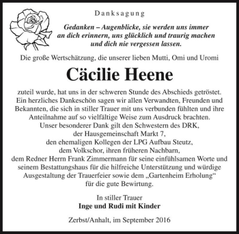 Traueranzeige von Cäcilie Heene  von Magdeburger Volksstimme