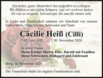 Traueranzeige von Cäcilie Heiß 
