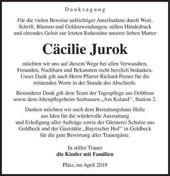 Traueranzeige von Cäcilie Jurok  von Magdeburger Volksstimme