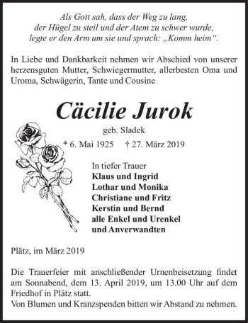 Traueranzeige von Cäcilie Jurok (geb. Sladek)  von Magdeburger Volksstimme