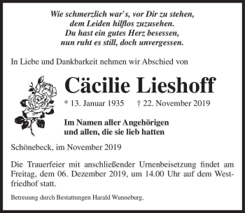 Traueranzeige von Cäcilie Lieshoff  von Magdeburger Volksstimme