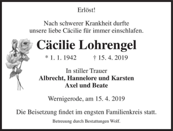 Traueranzeige von Cäcilie Lohrengel  von Magdeburger Volksstimme