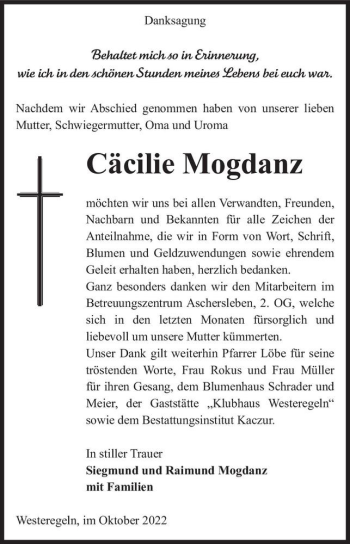 Traueranzeige von Cäcilie Mogdanz  von Magdeburger Volksstimme