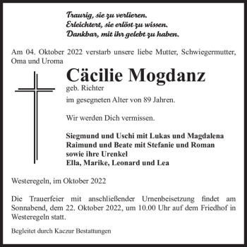 Traueranzeige von Cäcilie Mogdanz (geb. Richter)  von Magdeburger Volksstimme