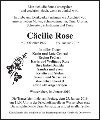 Traueranzeige von Cäcilie Rose  von Magdeburger Volksstimme