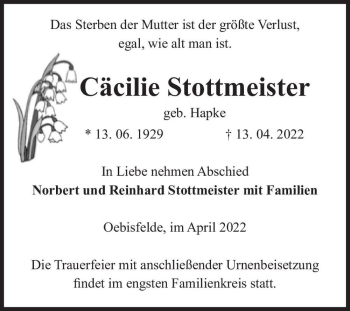 Traueranzeige von Cäcilie Stottmeister (geb. Hapke)  von Magdeburger Volksstimme