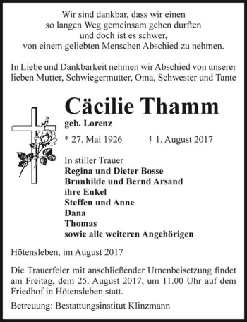 Traueranzeige von Cäcilie Thamm (geb. Lorenz)  von Magdeburger Volksstimme