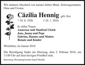 Traueranzeige von Cäzilia Hennig (geb. Jira)  von Magdeburger Volksstimme