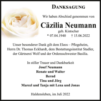 Traueranzeige von Cäzilia Neumann (geb. Kintscher)  von Magdeburger Volksstimme