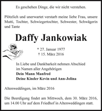 Traueranzeige von Daffy Jankowiak  von Magdeburger Volksstimme