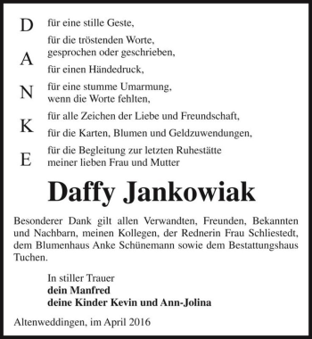 Traueranzeige von Daffy Jankowiak  von Magdeburger Volksstimme