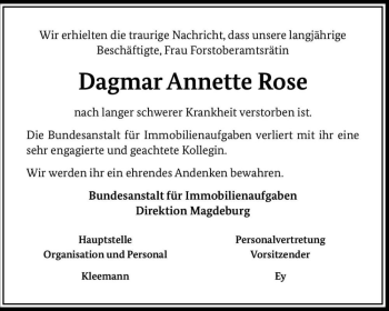 Traueranzeige von Dagmar Anette Rose  von Magdeburger Volksstimme