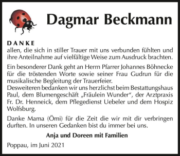 Traueranzeige von Dagmar Beckmann  von Magdeburger Volksstimme