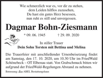 Traueranzeige von Dagmar Bohn-Ziesmann  von Magdeburger Volksstimme