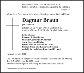 Traueranzeige von Dagmar Braun (geb. Schinkel)  von Magdeburger Volksstimme