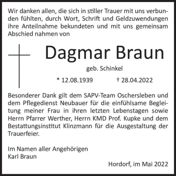 Traueranzeige von Dagmar Braun (geb. Schinkel)  von Magdeburger Volksstimme