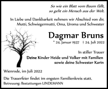 Traueranzeige von Dagmar Bruns  von Magdeburger Volksstimme